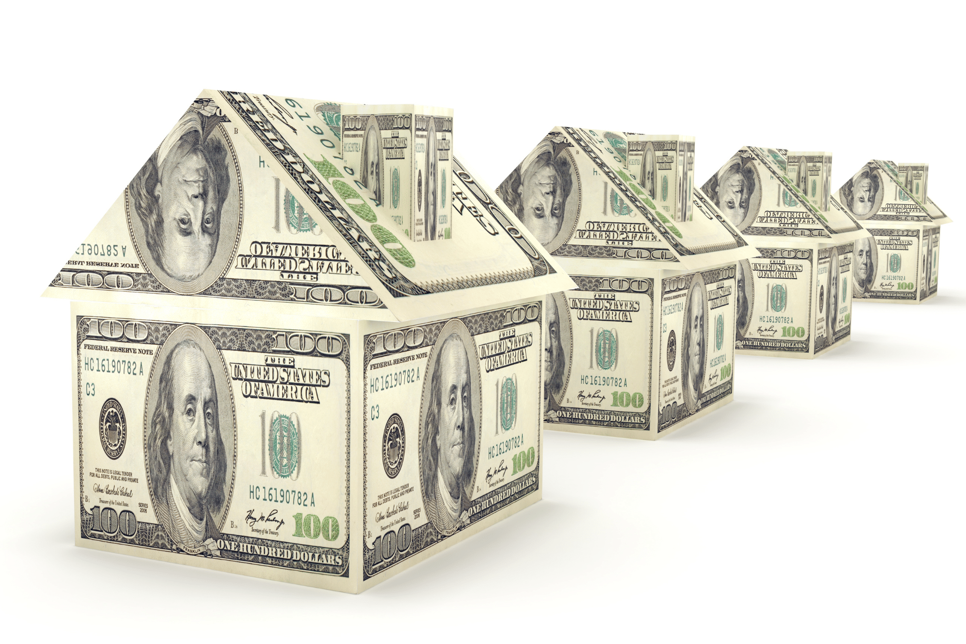 4 little houses made out of dollar bills