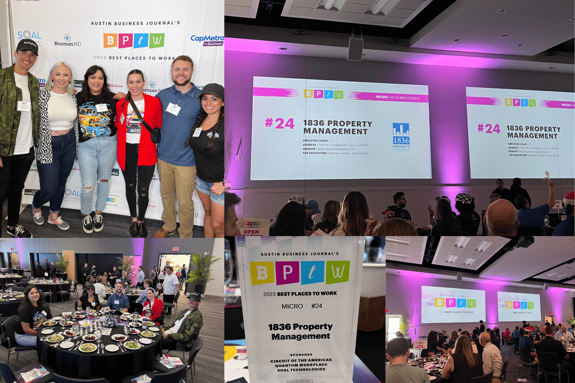 A compilation of photos of the 1836PM team at the Austin Business Journal award ceremony.