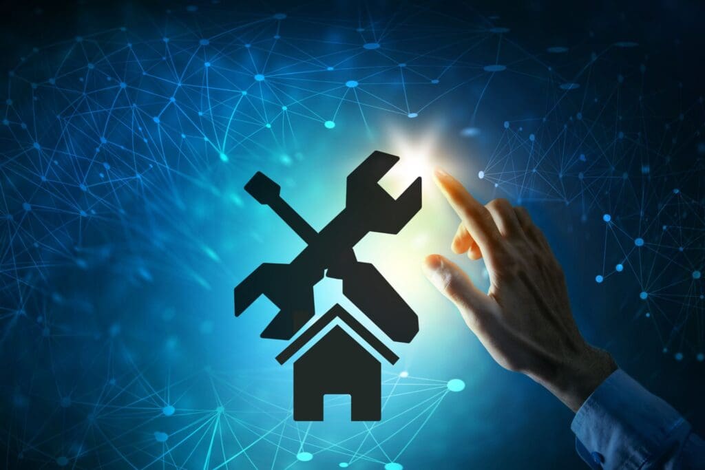 A hand interacts with a digital interface featuring a house icon with repair tools, symbolizing the property maintenance and repairs process in a tech-driven way.