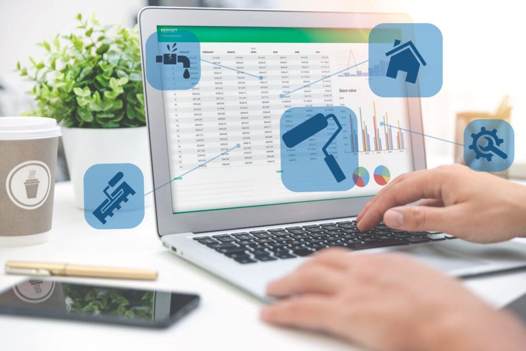 A person working on a laptop displaying a spreadsheet with financial data and charts. Overlaid on the screen are digital icons representing various home improvement and repair services, indicating budgeting of property maintenance.