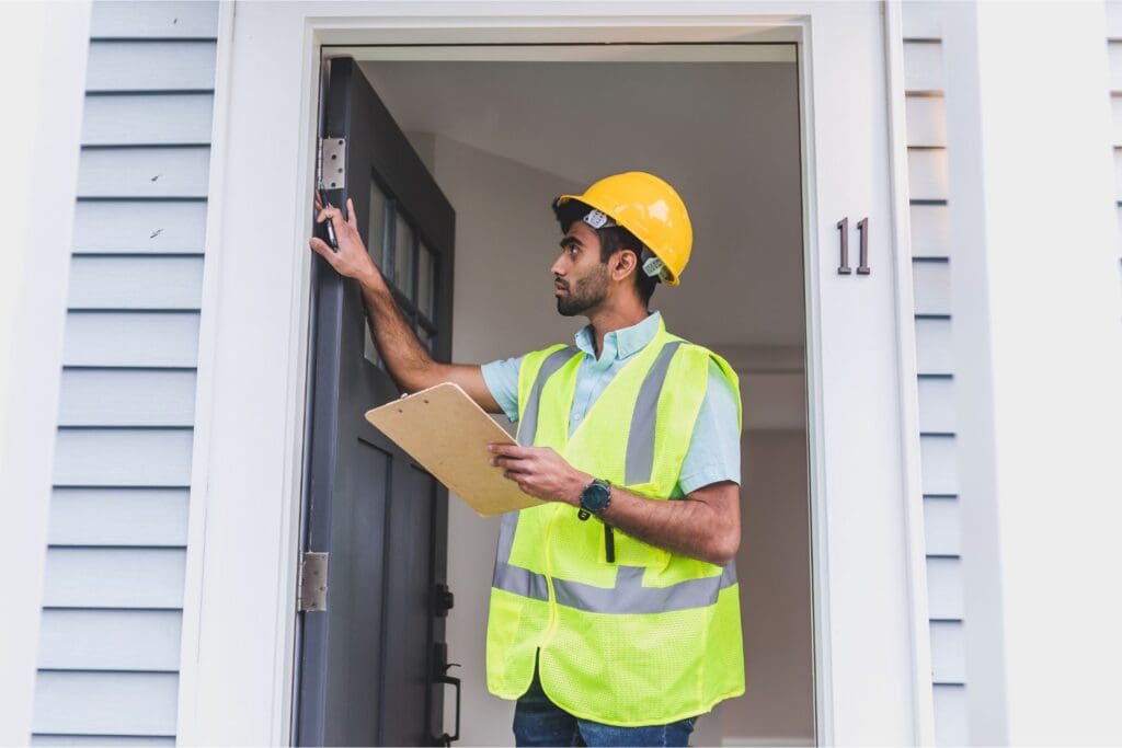Young man in yellow hard hat and vest inspecting a house door, illustrating the difference between a property inspection and a property walkthrough.