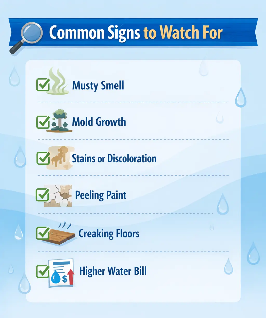 infographic titled “Common Signs to Watch For,” showing six warning signs of water damage with icons and green checkmarks: musty smell, mold growth, stains or discoloration, peeling paint, creaking floors, and a higher water bill