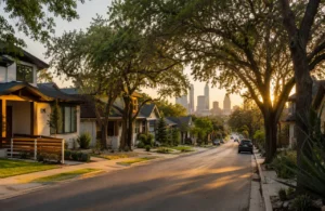 Tree-lined East Austin street with modern bungalows, craftsman homes, and the downtown Austin skyline at sunset