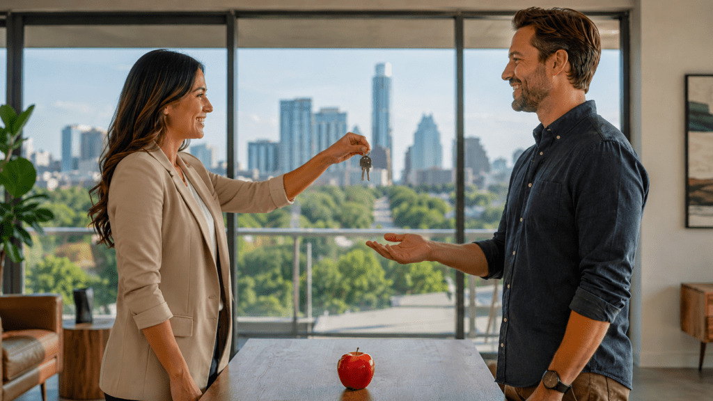 Real estate key handoff in a modern Austin apartment for Apple employees exploring neighborhoods near the Parmer Lane campus