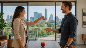 Real estate key handoff in a modern Austin apartment for Apple employees exploring neighborhoods near the Parmer Lane campus