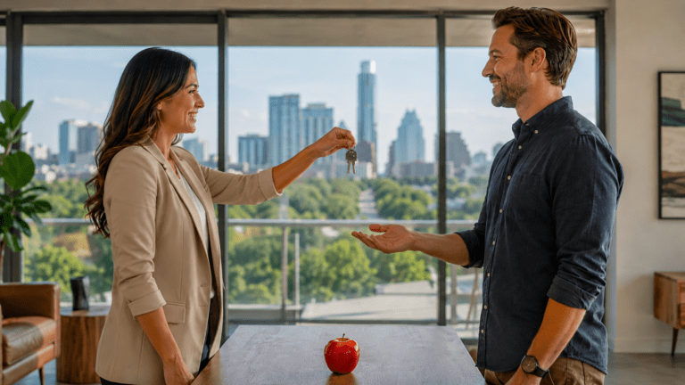 Real estate key handoff in a modern Austin apartment for Apple employees exploring neighborhoods near the Parmer Lane campus