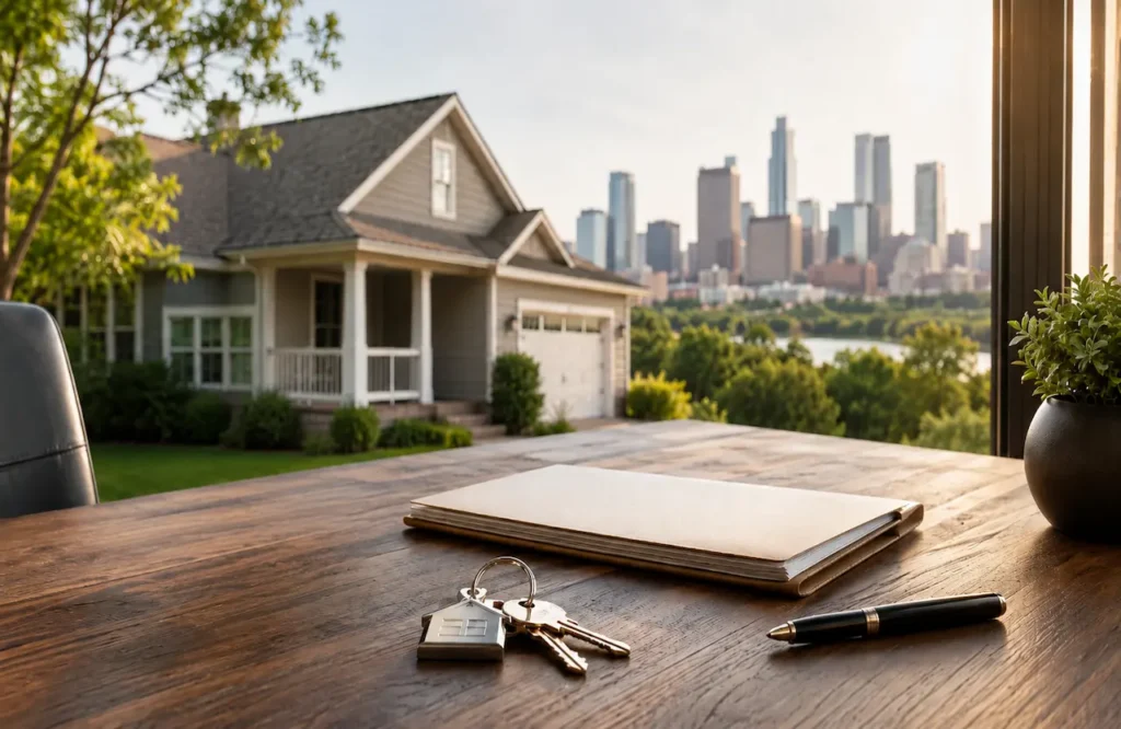 LLC for rental property documents with house keys and Austin rental home in background