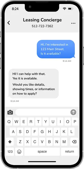 Smartphone screen displaying a text conversation with a leasing concierge about apartment availability, showing a prospective renter asking about a property and receiving a response offering details, showing times, and application information.
