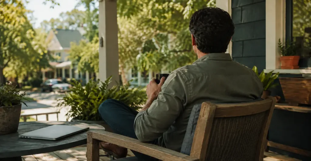 Professional relaxing on a sunny porch with coffee and a closed laptop after hiring a property manager in Austin
