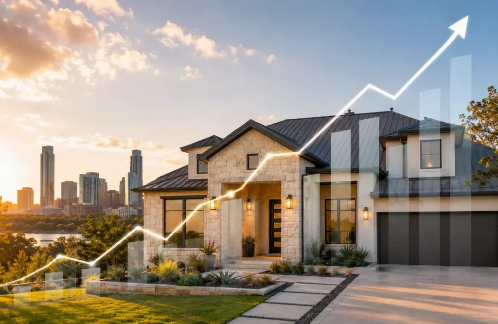 Austin area home with an upward trending graph showing housing market growth