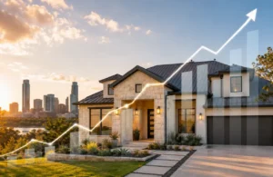 Austin area home with an upward trending graph showing housing market growth