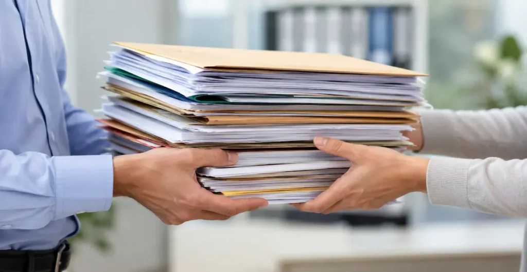 Property owner handing off a tall stack of files and paperwork to a property manager, representing hands-off property management in Austin