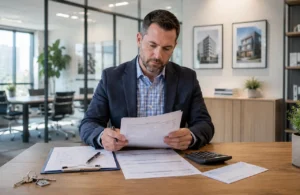 Texas property manager reviewing security deposit itemization documents in an office