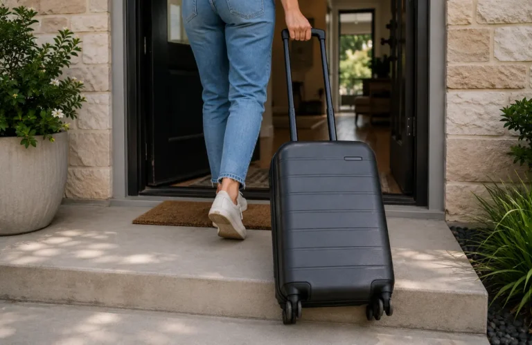 Lower half of a person walking into a house with a suitcase, illustrating a long-term guest at a rental property in Texas
