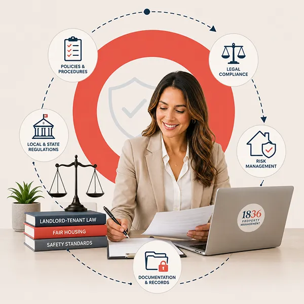 1836 Property Management specialist reviewing Texas rental laws, fair housing requirements, lease compliance, and property regulations.