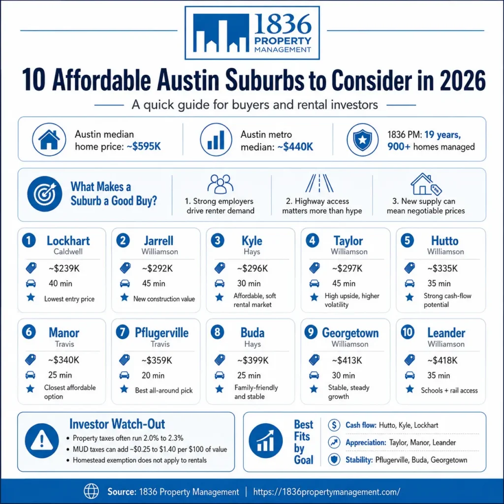 Affordable Austin suburbs infographic comparing 10 areas near Austin by home price, commute time, and investment potential in 2026