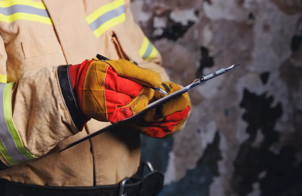 Fire investigator in protective gear documenting damage on a clipboard after a house fire