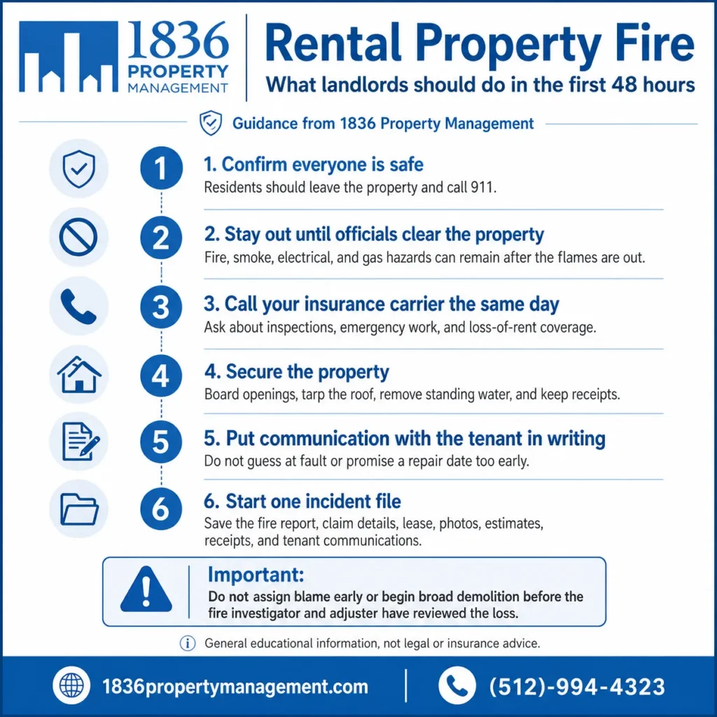 Rental property fire infographic showing the first steps landlords should take after a fire.