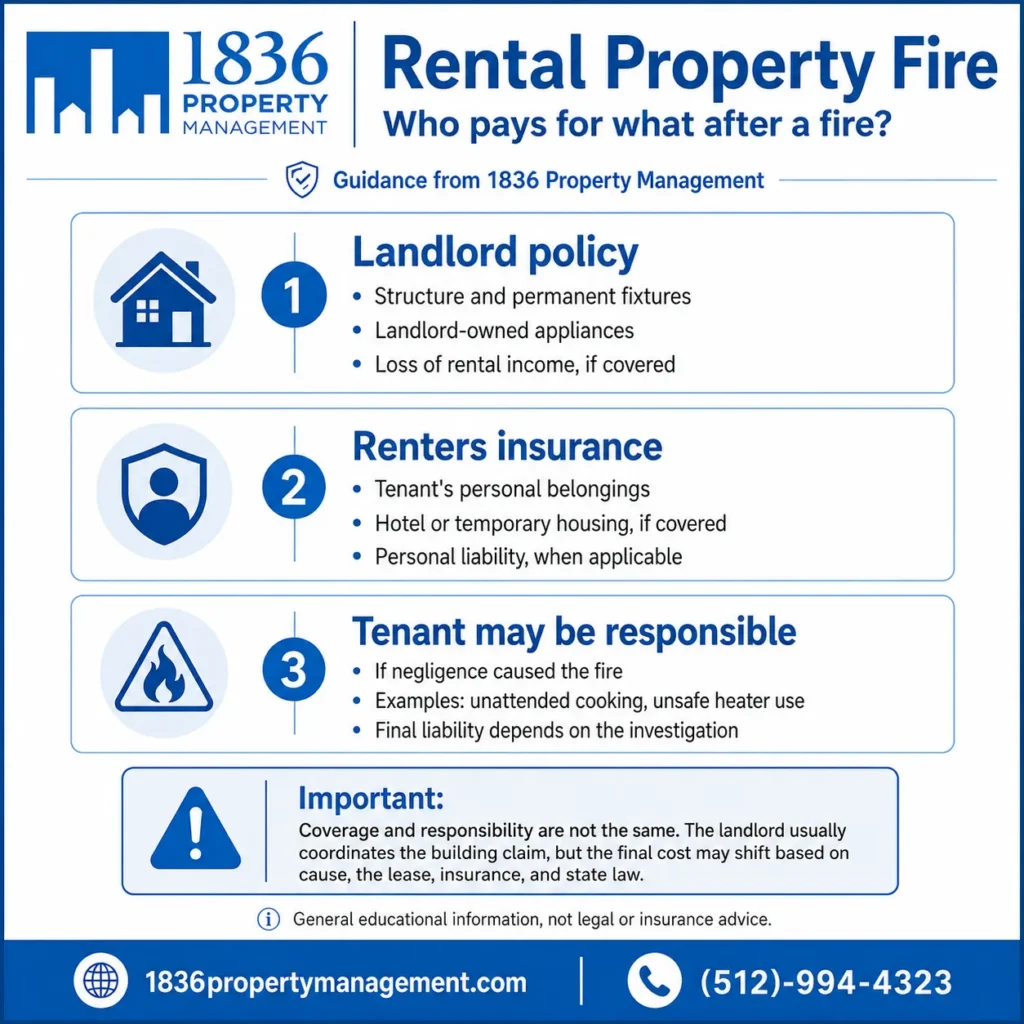 Rental property fire infographic explaining what landlord insurance, renters insurance, and tenant responsibility may cover after a fire.