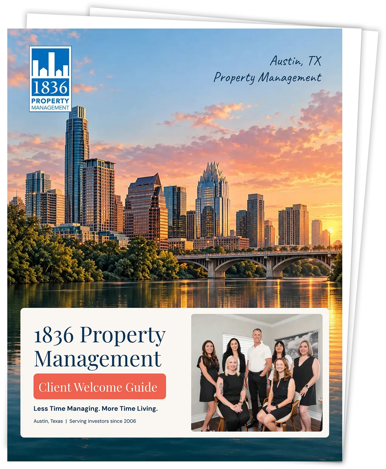 Cover of the 1836 Property Management Client Welcome Guide, featuring the Austin skyline and a photo of the team.