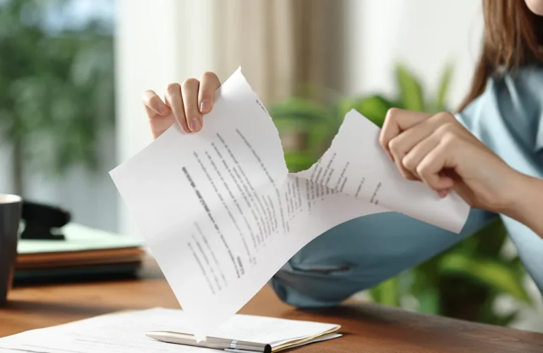 Close-up of a person tearing a lease document in half at a desk, representing breaking a lease in Texas.